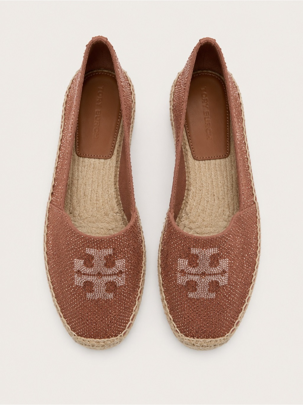 Tory Burch Crystal Logo Espadrille Flats Rhinestone Pink Slip On Shoes Size 6.5